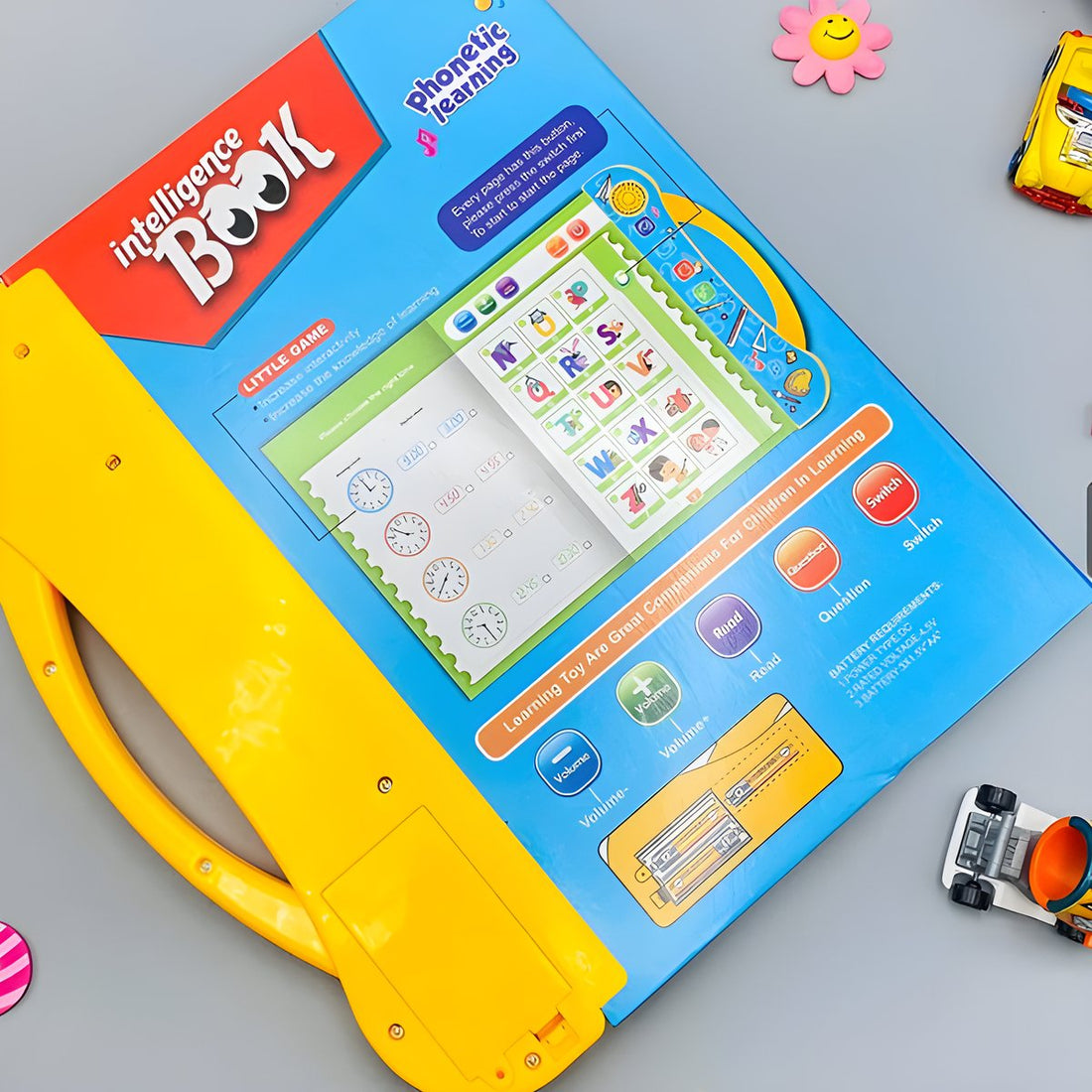 Intelligence book back cover with buttons and battery guide