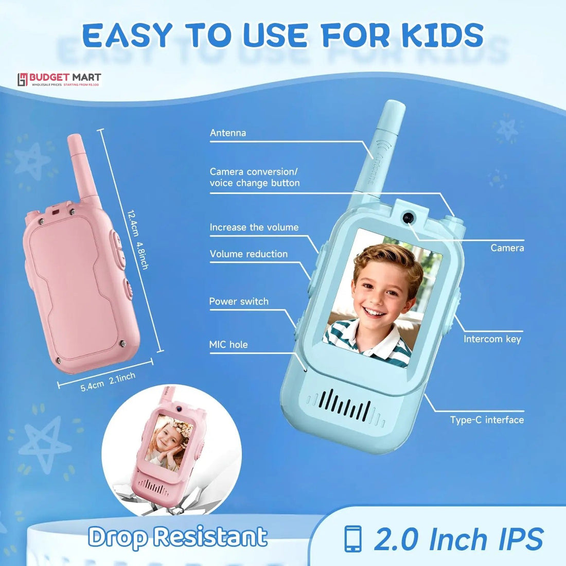 Kids video walkie talkie parts: camera, 2.0 inch IPS screen, intercom key, Type C port