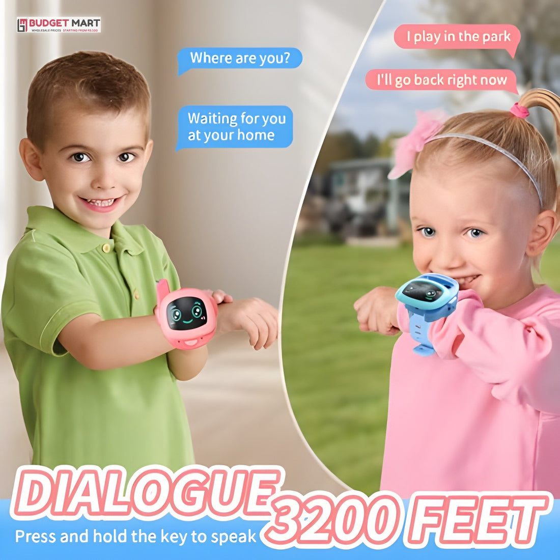 Two kids talking on walkie talkie watches
