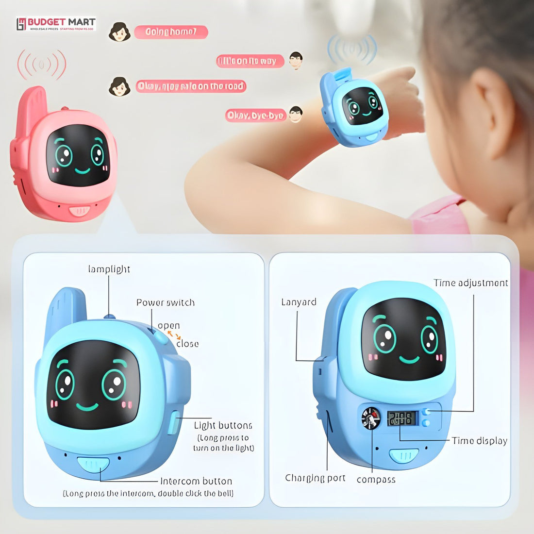 Kids walkie talkie watch buttons: flashlight, power, talk and clock