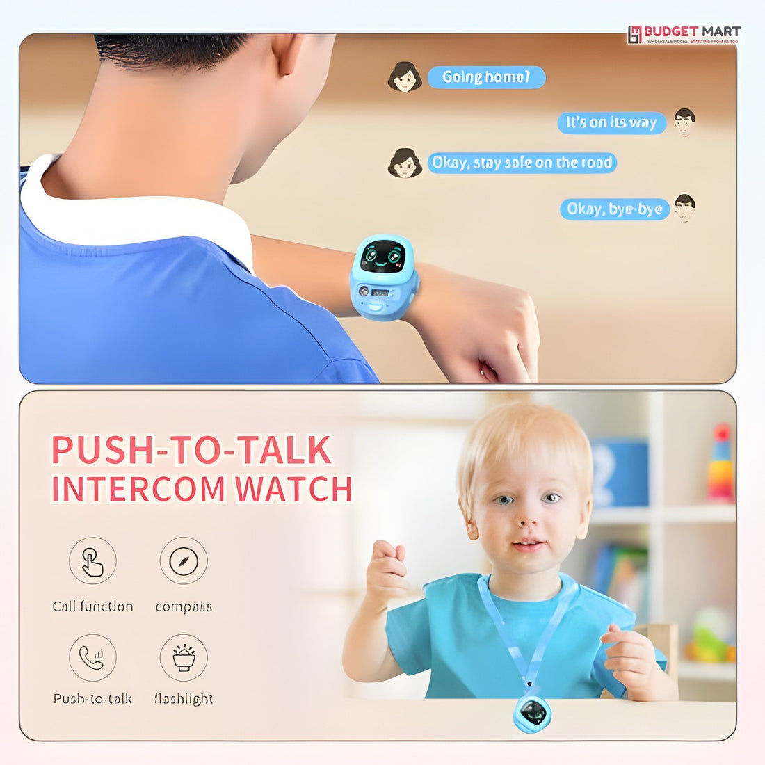 Push to talk intercom watch with compass and flashlight