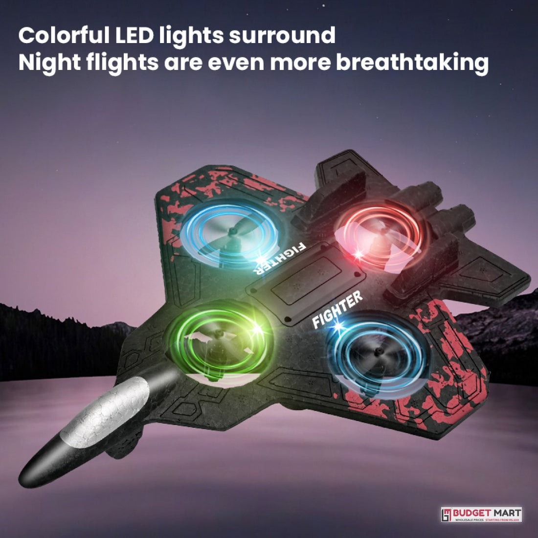 RC fighter jet with colourful LED lights for night flights