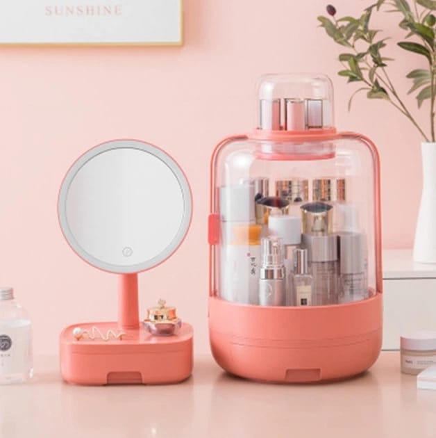 2PCs Cosmetic Storage Box with LED Mirror - Budget Mart