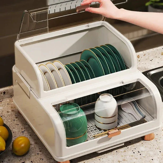 Kitchen Double Layer Dish Rack with Lid - Budget Mart