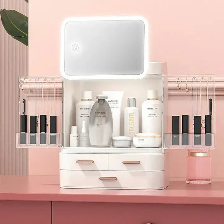 Large Capacity Makeup & Cosmetic Organizer with LED Mirror - Budget Mart