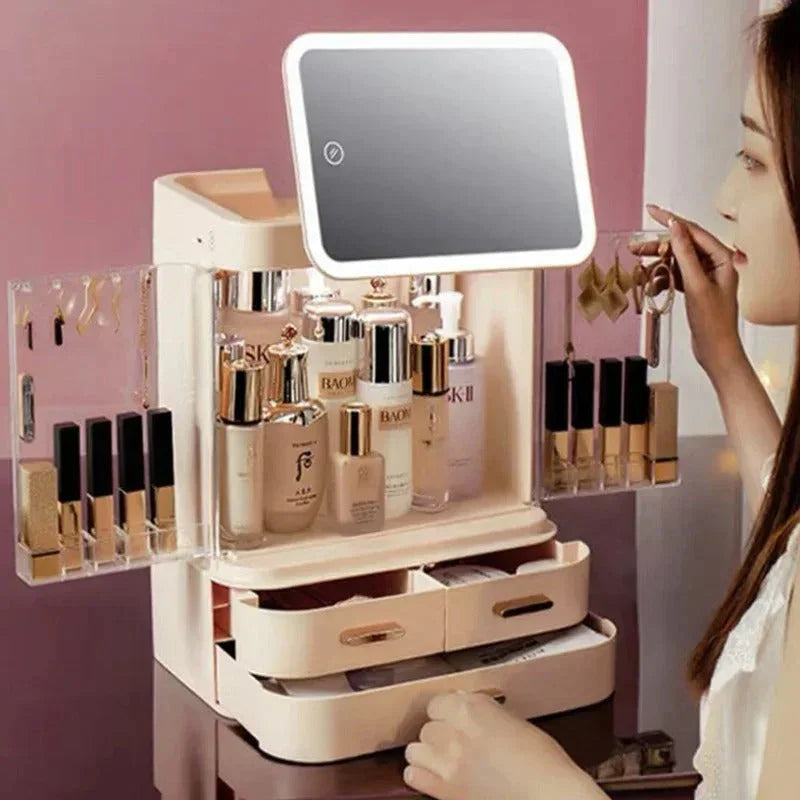 Large Capacity Makeup & Cosmetic Organizer with LED Mirror - Budget Mart