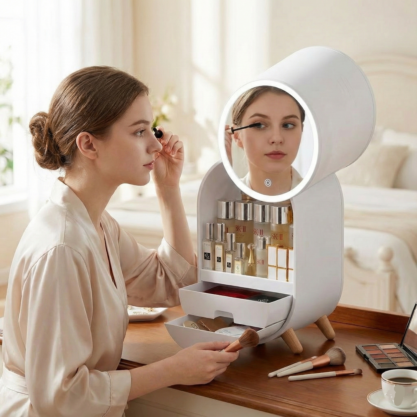 Large Cosmetic Storage Organizer with LED Mirror - Budget Mart