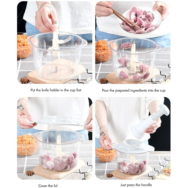 Manual hand push chopper by Budget Mart with a 1.5 L capacity, featuring a clear container and easy-grip handle.