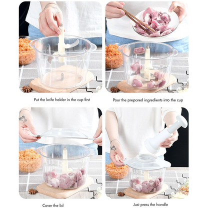 Manual hand push chopper by Budget Mart with a 1.5 L capacity, featuring a clear container and easy-grip handle.