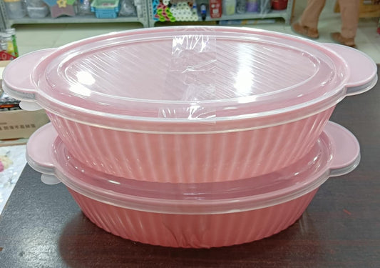Pack of 2 Budget Mart food storage containers, 2500ml, clear plastic with airtight lids for preserving food freshness.