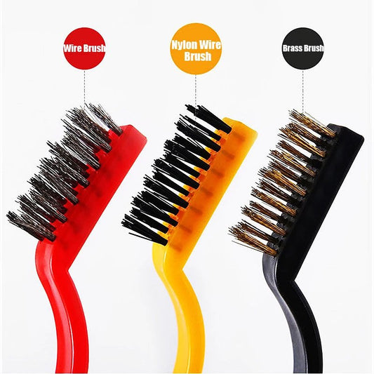 Pack of 3 Mini Wire Brush Set (Brass, Nylon, Stainless Steel Bristles) - Budget Mart