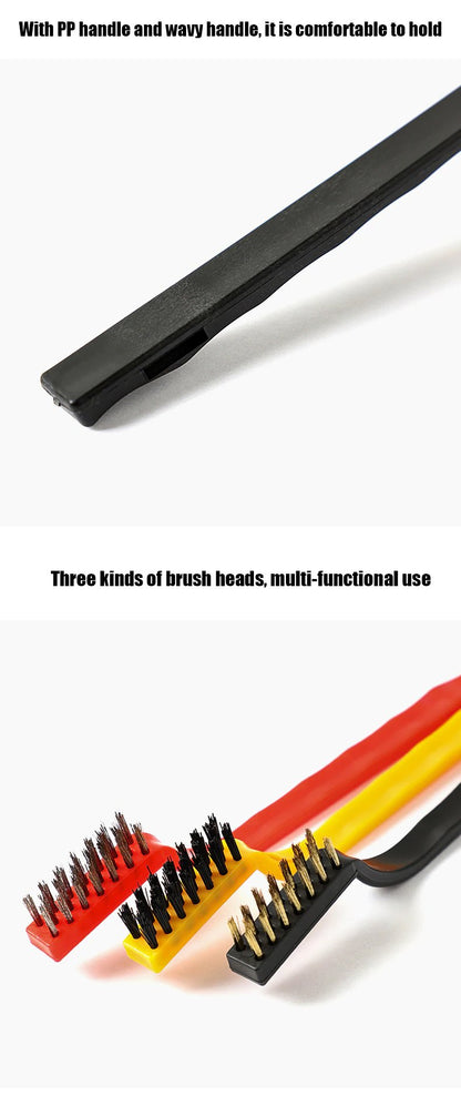 Pack of 3 Mini Wire Brush Set (Brass, Nylon, Stainless Steel Bristles) - Budget Mart