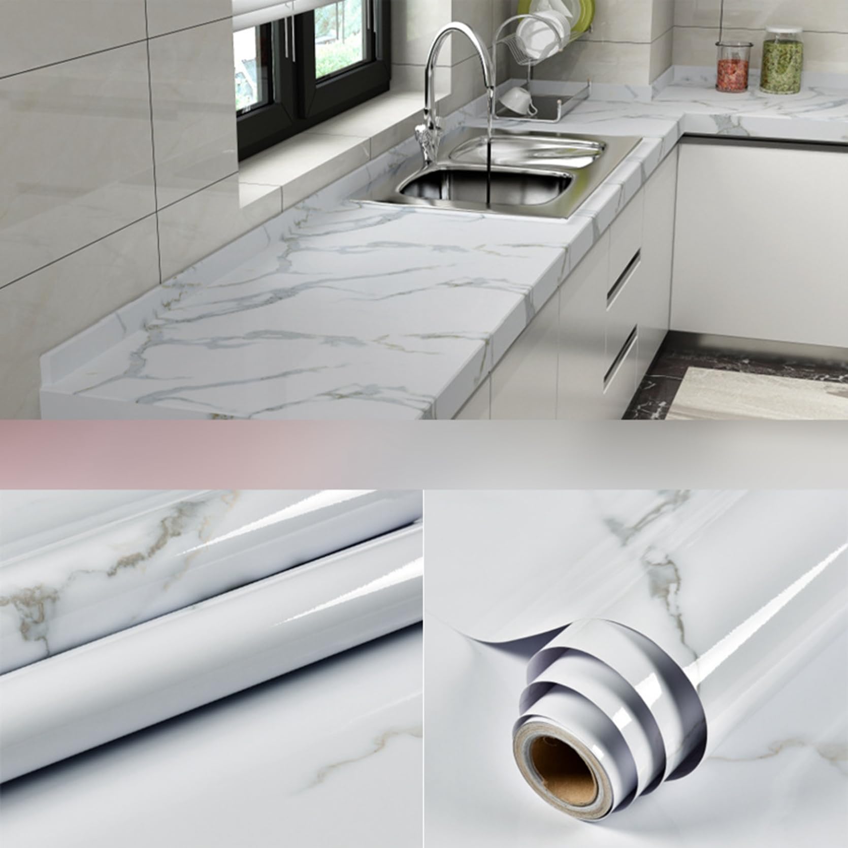 White Marble Texture Design PVC Waterproof Sheet (60cmx200cm)