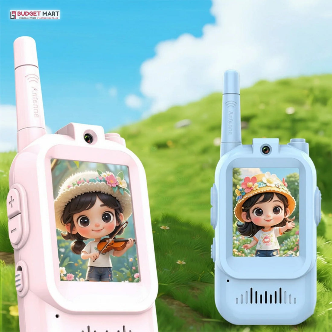 Blue and pink video walkie talkies with camera and screen outdoors
