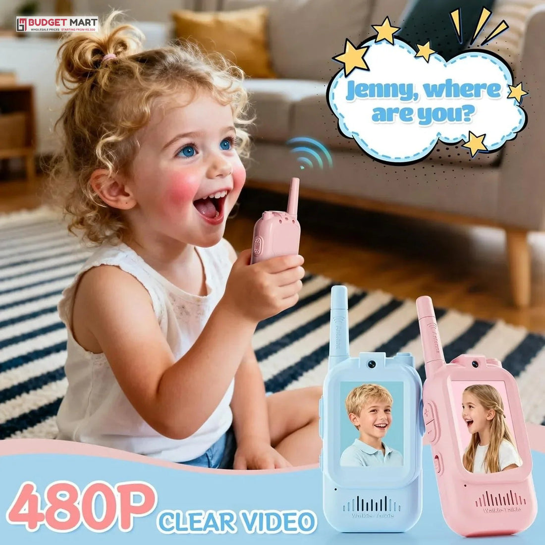 Girl video chatting on a kids walkie talkie with 480P camera