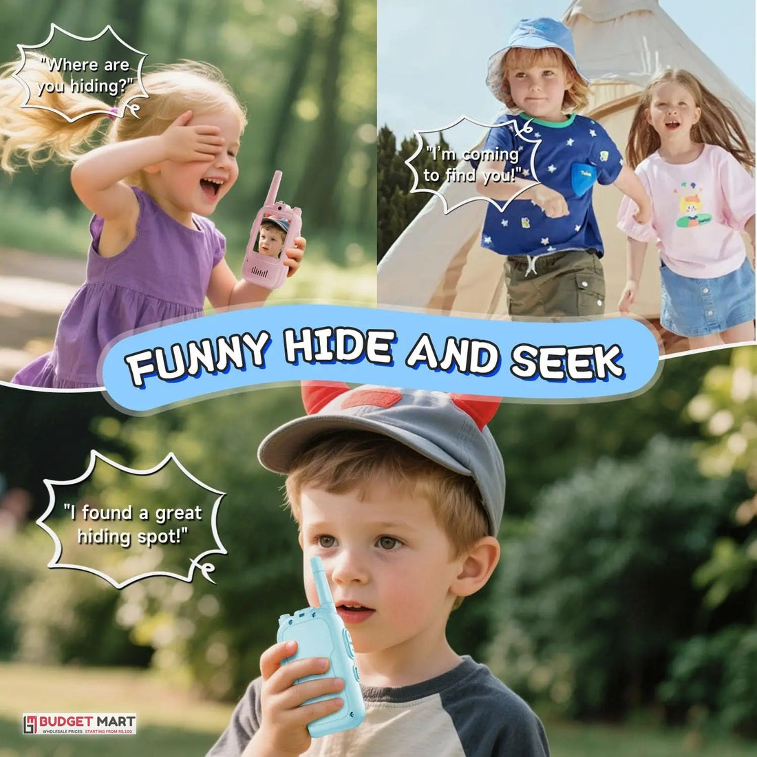 Kids playing hide and seek with video walkie talkies