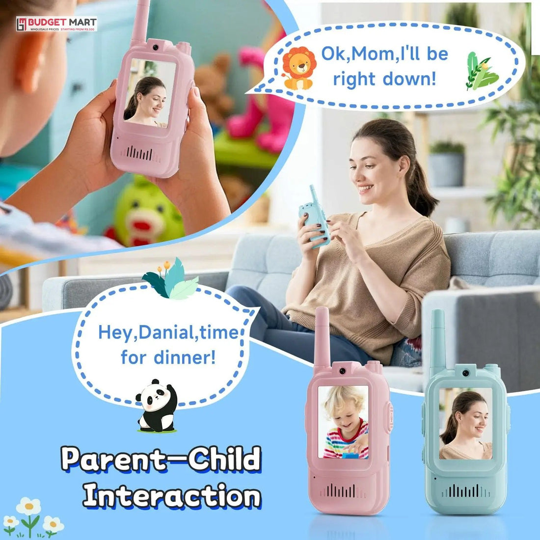 Parent and child talking on video walkie talkies at home