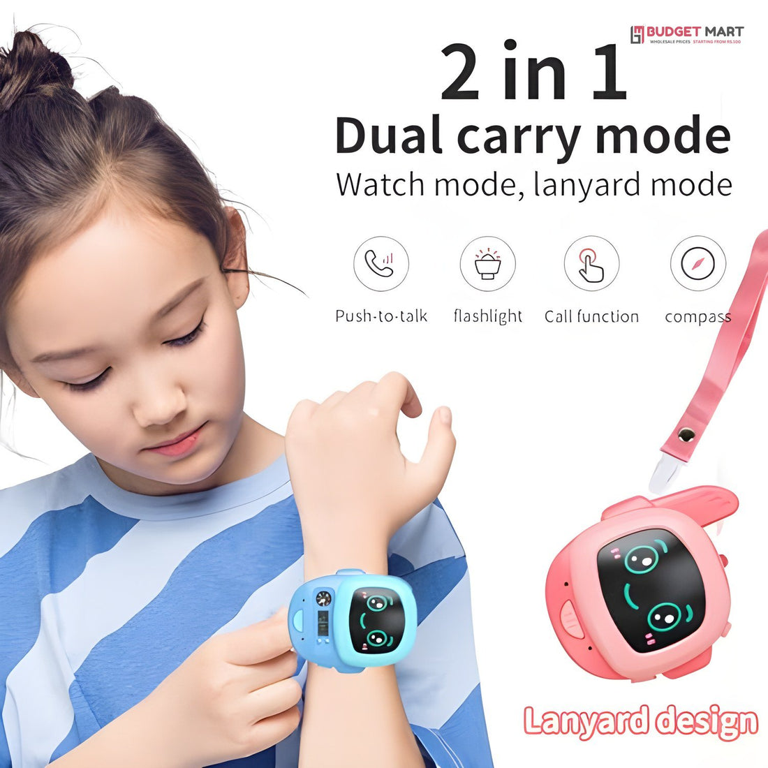 2 in 1 walkie talkie watch worn on wrist or lanyard