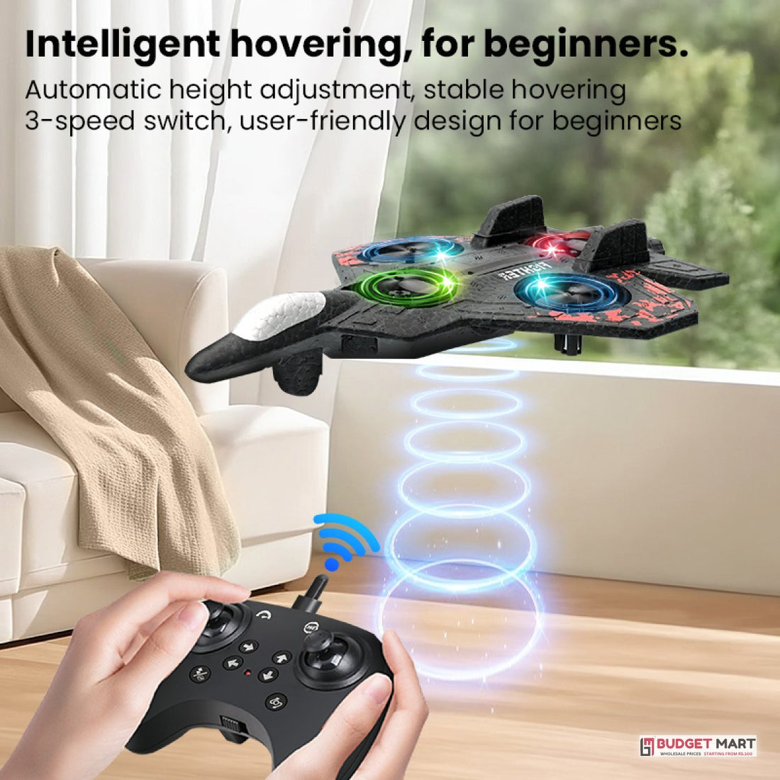 RC fighter jet hovering indoors with altitude hold for beginners