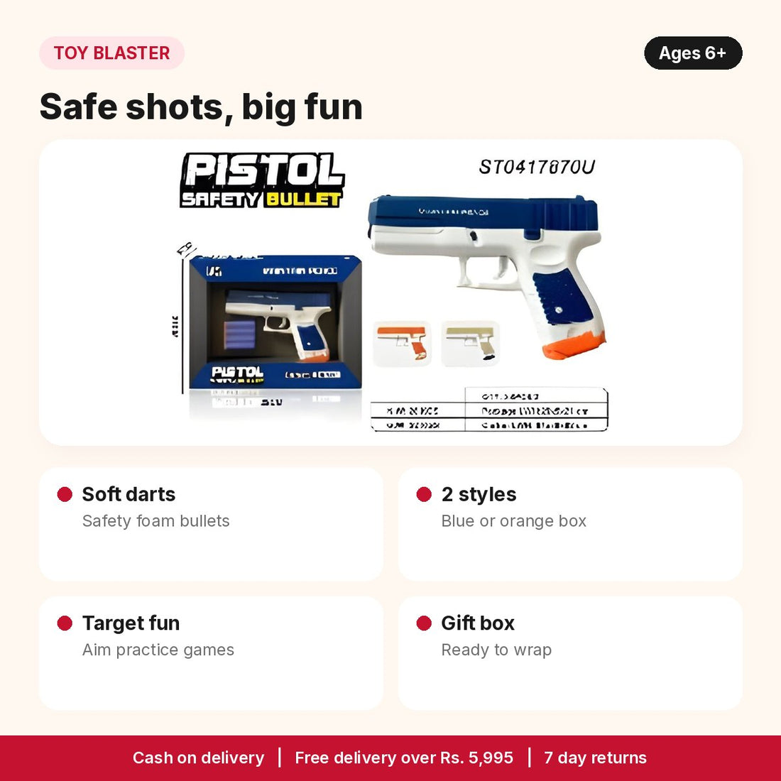 Soft bullet toy pistol features